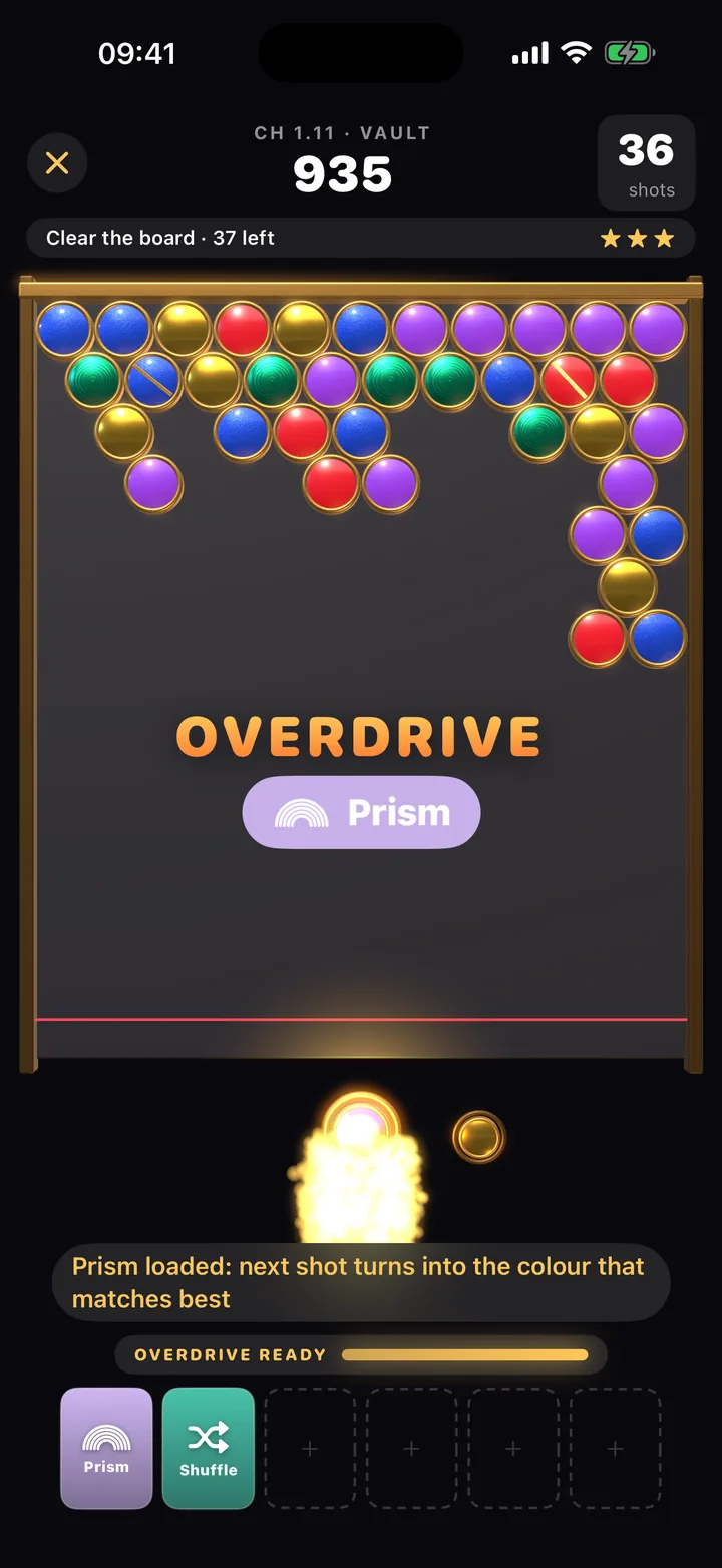 The Overdrive reels landing on a Prism, sparks bursting from the launcher